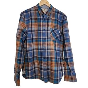 Timberland Slim Fit Blue Linen Long Sleeve Plaid Button-down Men's Shirt  Size L